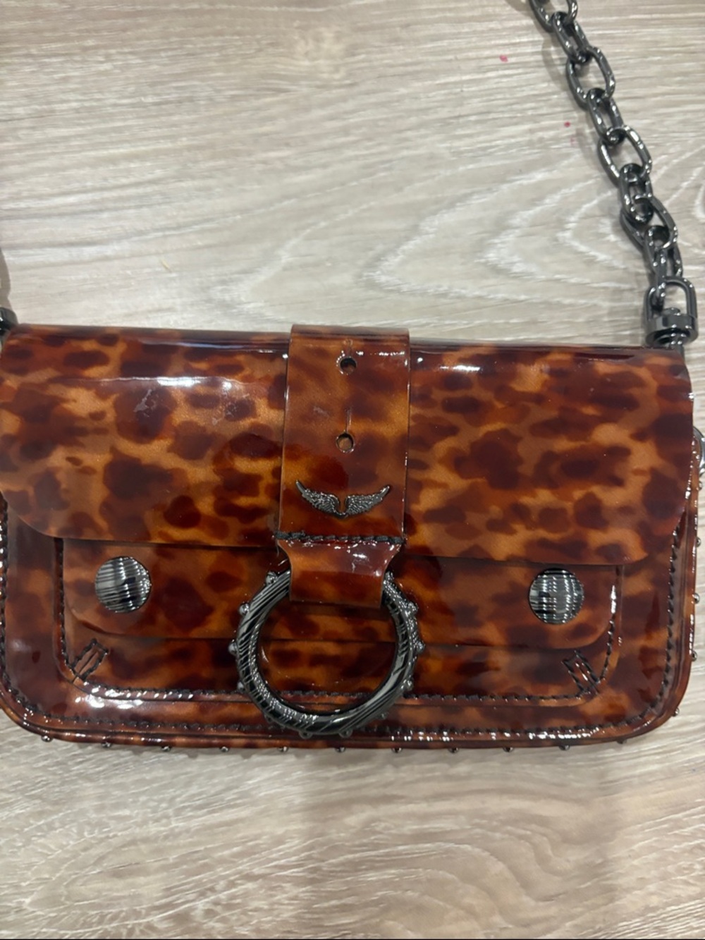 Zadig & Voltaire Kate Animal Print Brown Mini Crossbody with Gunmetal Chain - Picture 2 of 7